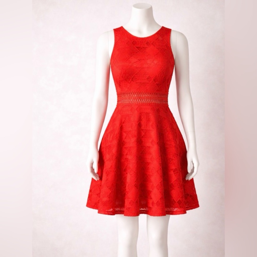 Miss Kelly 1999 Red Eyelet Lace Boho Mini Dress Size S Sleeveless Fit & Flare - Picture 3 of 10